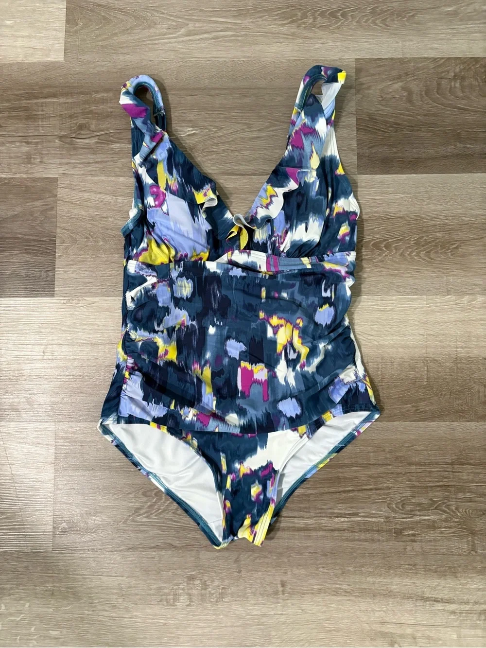 One-Piece Swimsuit in Navy Abstract Print. Tummy Control. - Picture 1 of 5
